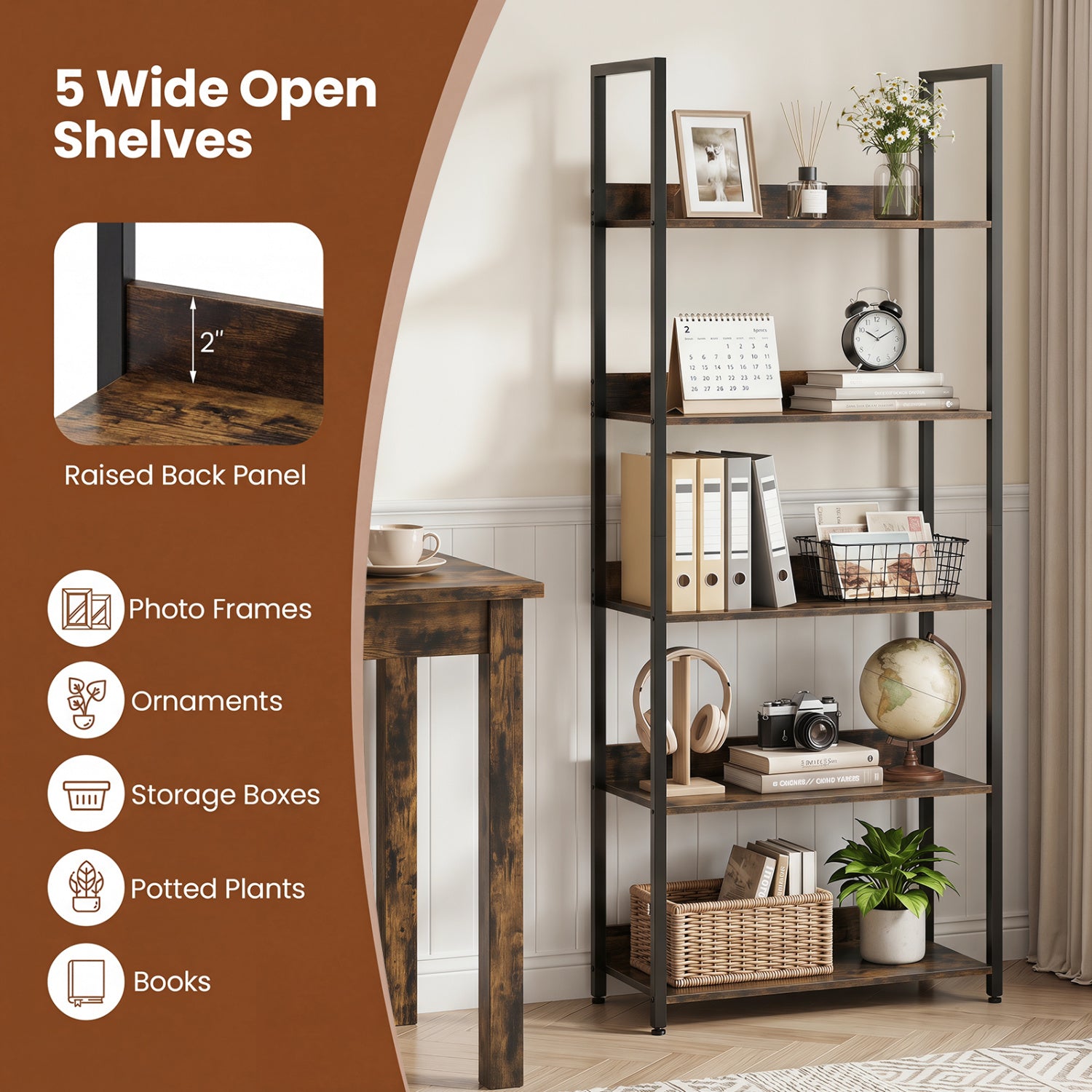 5-Tier Tall Wooden Bookcase with Back Panels, Rustic Brown Bookcases at Gallery Canada