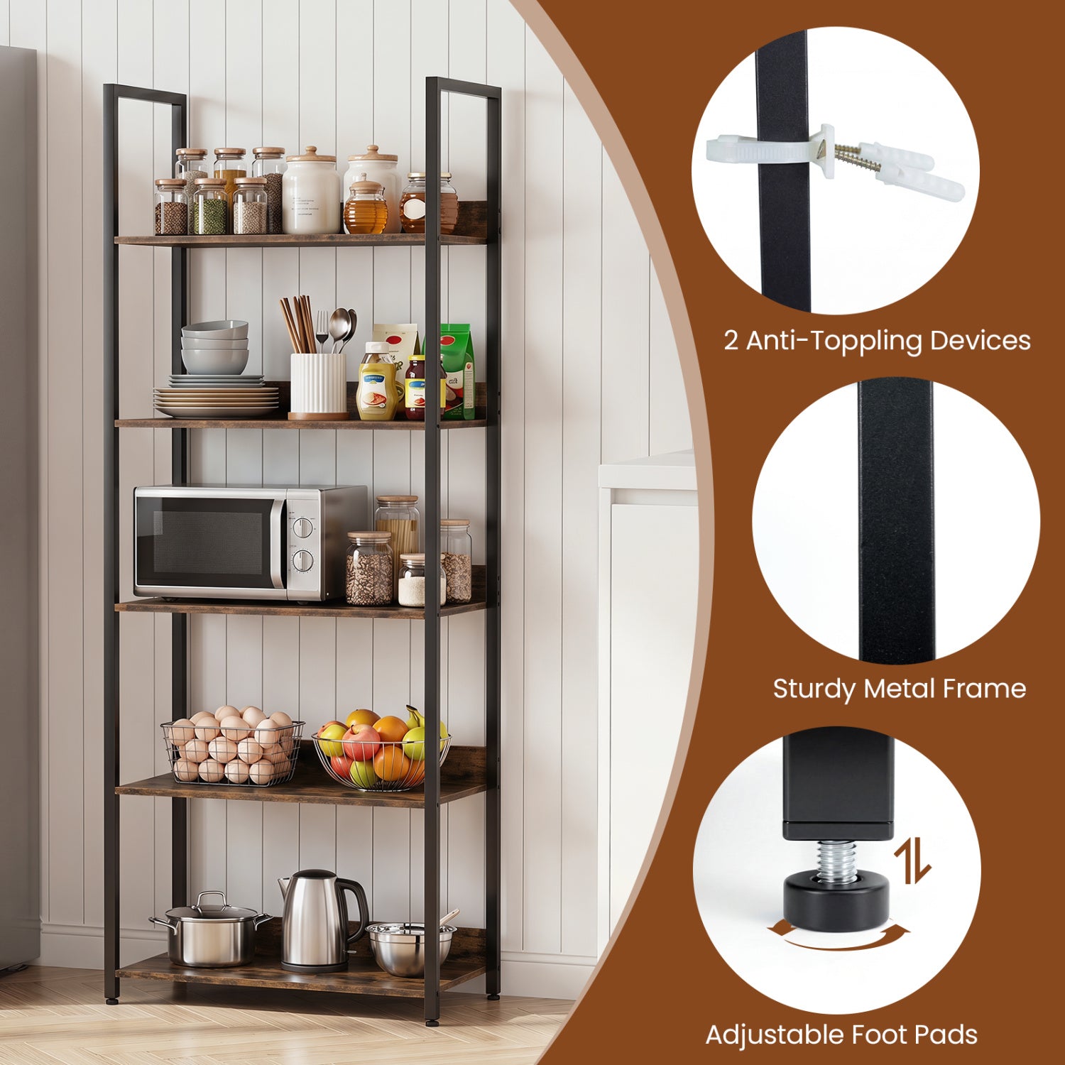 5-Tier Tall Wooden Bookcase with Back Panels, Rustic Brown Bookcases at Gallery Canada