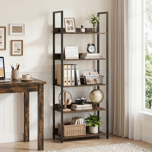 5-Tier Tall Wooden Bookcase with Back Panels, Rustic Brown
