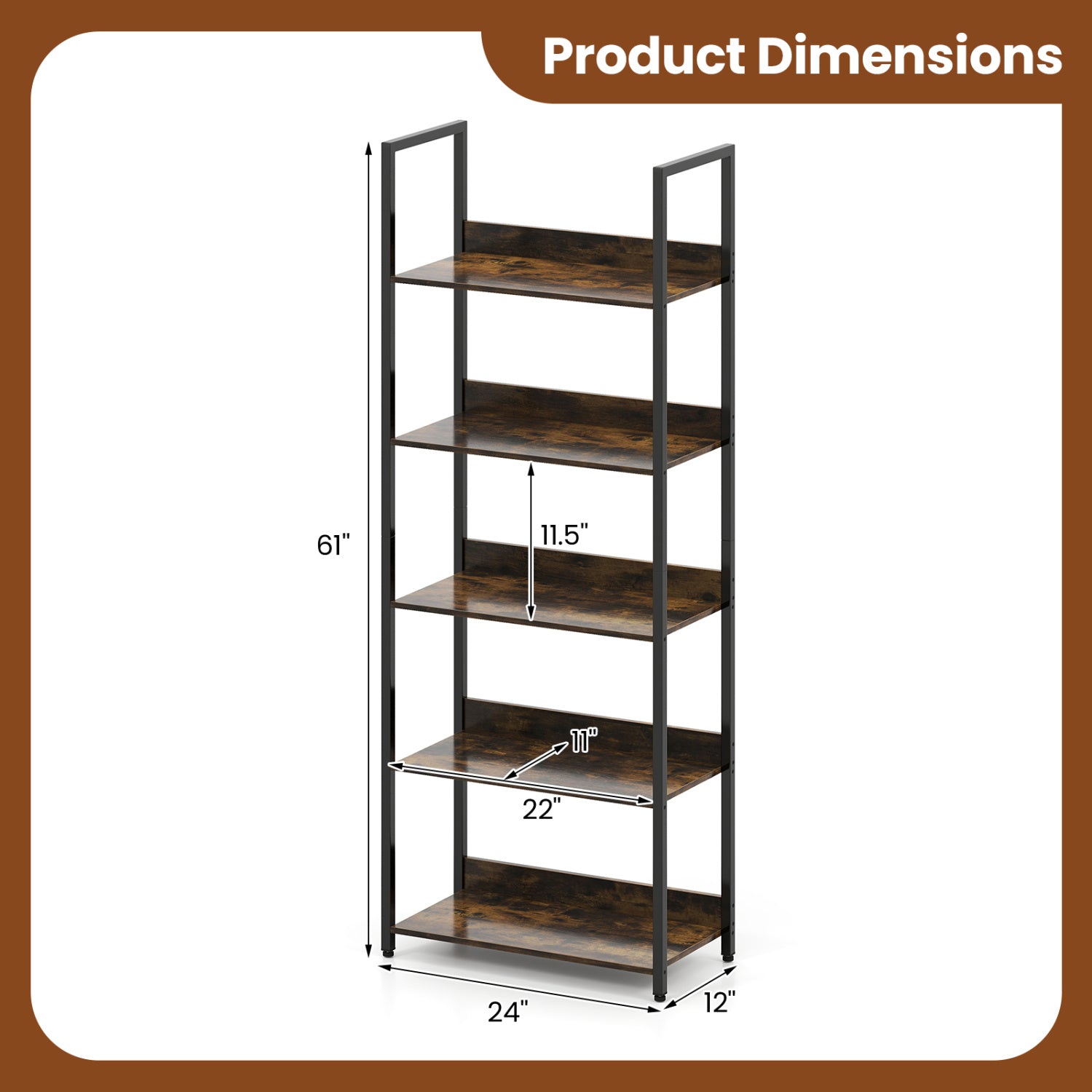 5-Tier Tall Wooden Bookcase with Back Panels, Rustic Brown Bookcases at Gallery Canada
