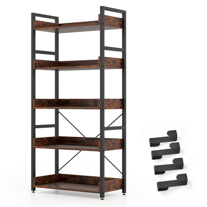 5-Tier Bookshelf with 4 Hooks Industrial Storage Bookcase, Rustic Brown Bookcases Rustic Brown at Gallery Canada
