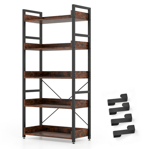 5-Tier Bookshelf with 4 Hooks Industrial Storage Bookcase, Rustic Brown