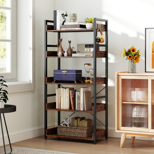 5-Tier Bookshelf with 4 Hooks Industrial Storage Bookcase, Rustic Brown