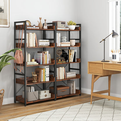 5-Tier Bookshelf with 4 Hooks Industrial Storage Bookcase, Rustic Brown Bookcases at Gallery Canada
