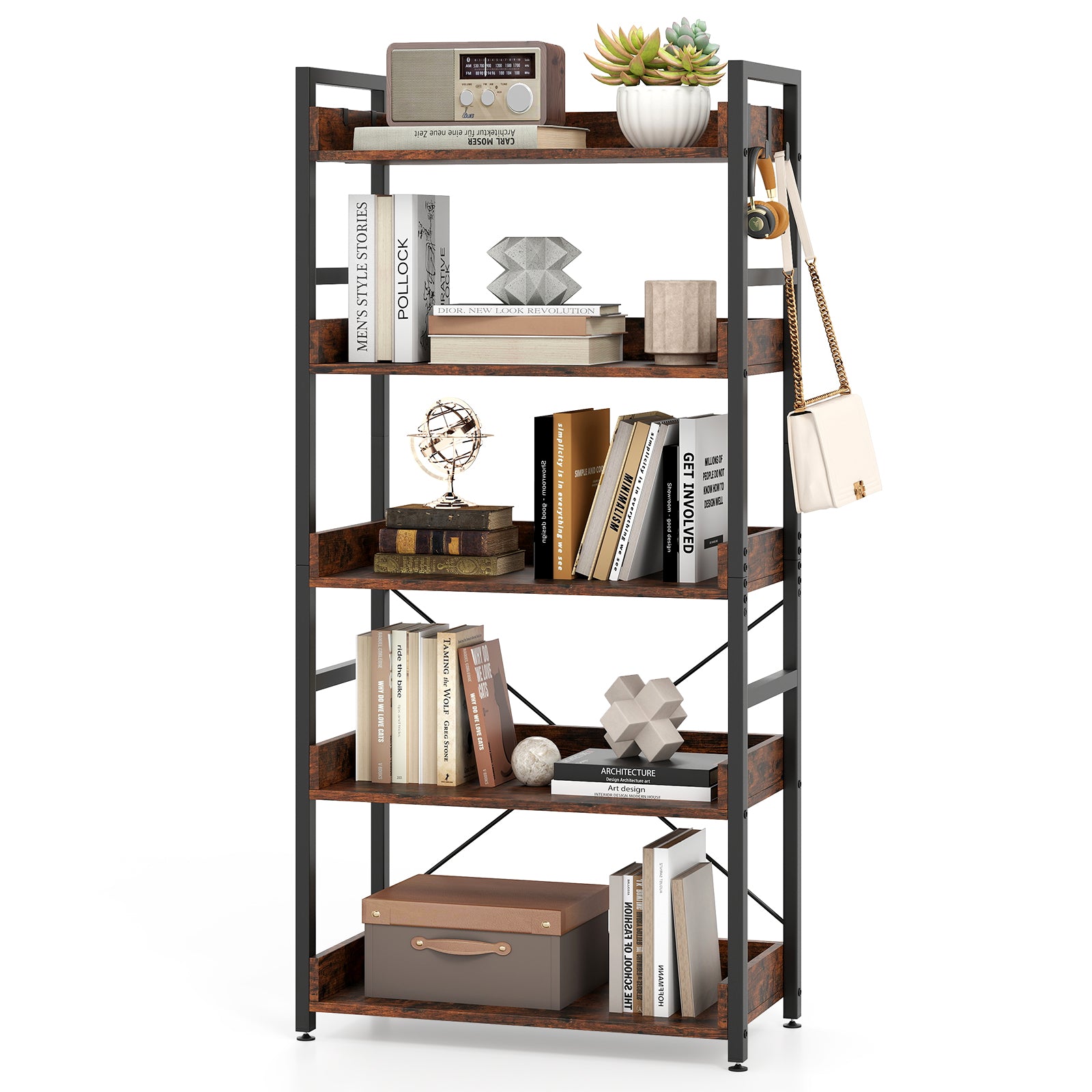 5-Tier Bookshelf with 4 Hooks Industrial Storage Bookcase, Rustic Brown Bookcases at Gallery Canada