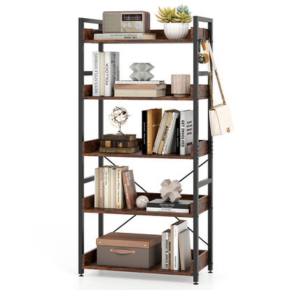 5-Tier Bookshelf with 4 Hooks Industrial Storage Bookcase, Rustic Brown Bookcases at Gallery Canada