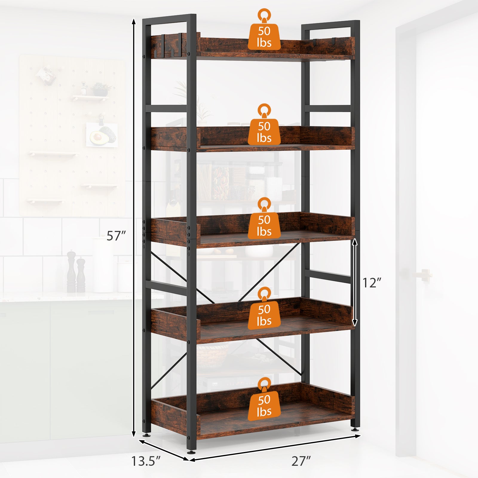 5-Tier Bookshelf with 4 Hooks Industrial Storage Bookcase, Rustic Brown Bookcases at Gallery Canada