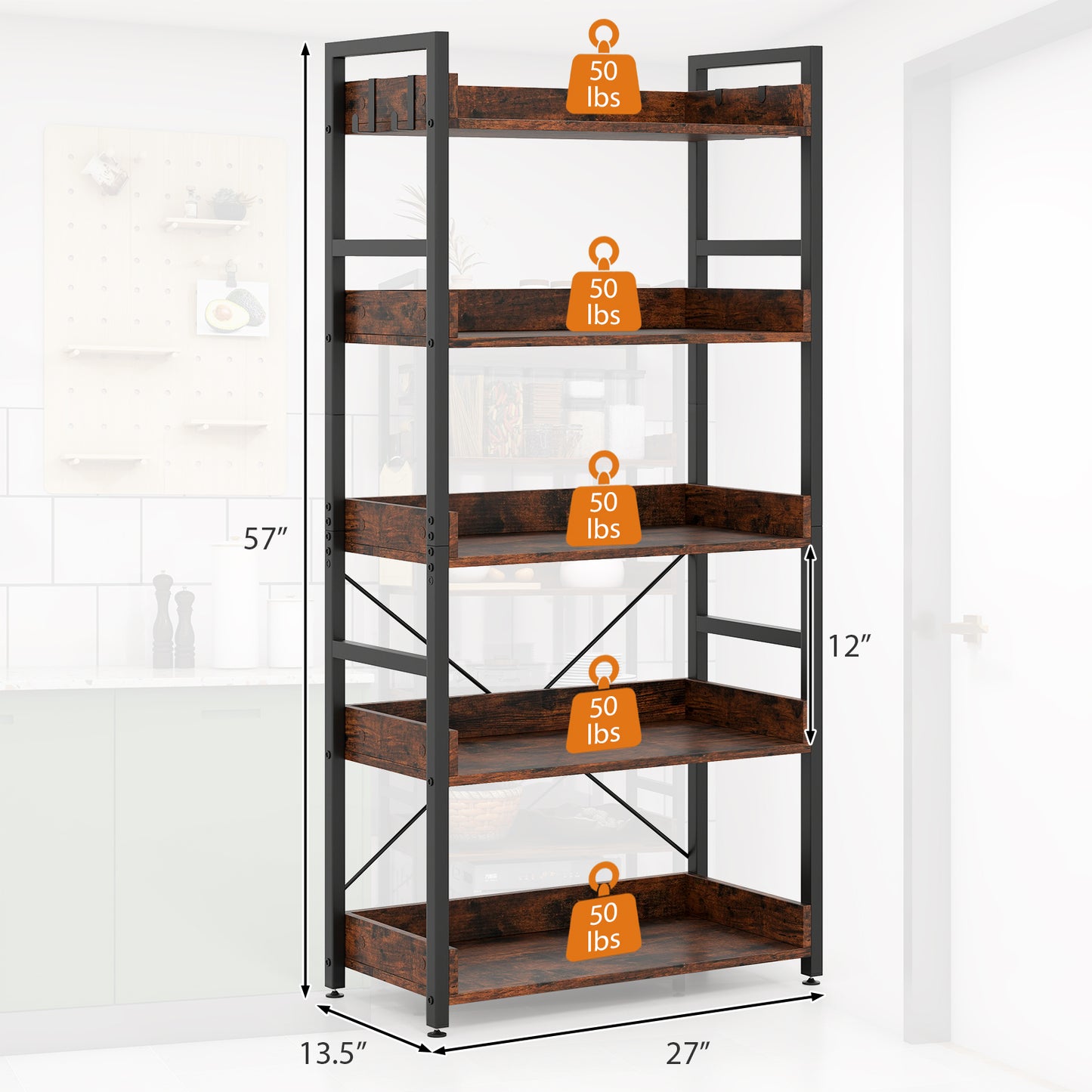 5-Tier Bookshelf with 4 Hooks Industrial Storage Bookcase, Rustic Brown Bookcases at Gallery Canada