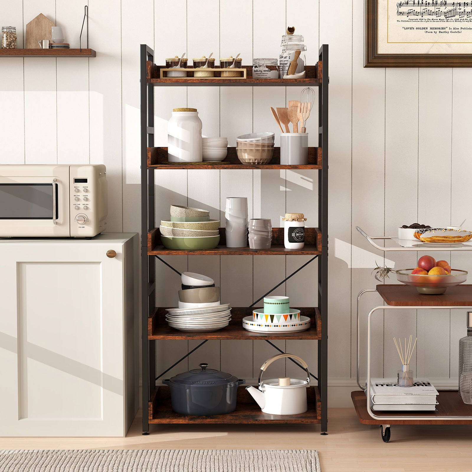 5-Tier Bookshelf with 4 Hooks Industrial Storage Bookcase, Rustic Brown Bookcases at Gallery Canada