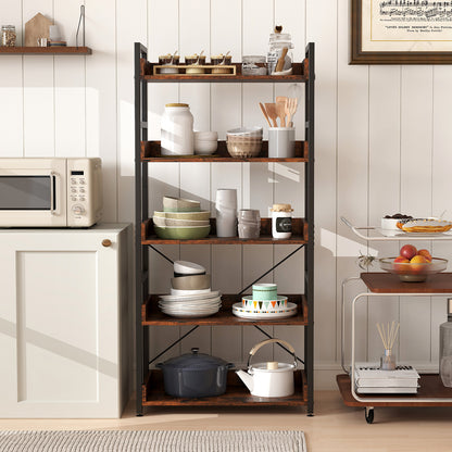 5-Tier Bookshelf with 4 Hooks Industrial Storage Bookcase, Rustic Brown Bookcases at Gallery Canada