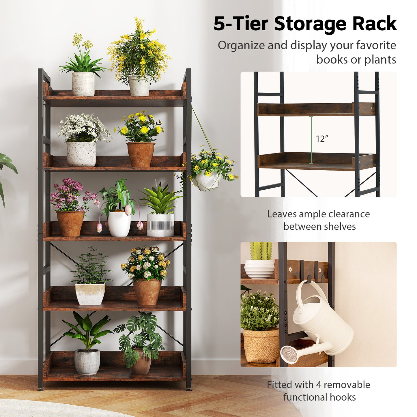 5-Tier Bookshelf with 4 Hooks Industrial Storage Bookcase, Rustic Brown Bookcases at Gallery Canada