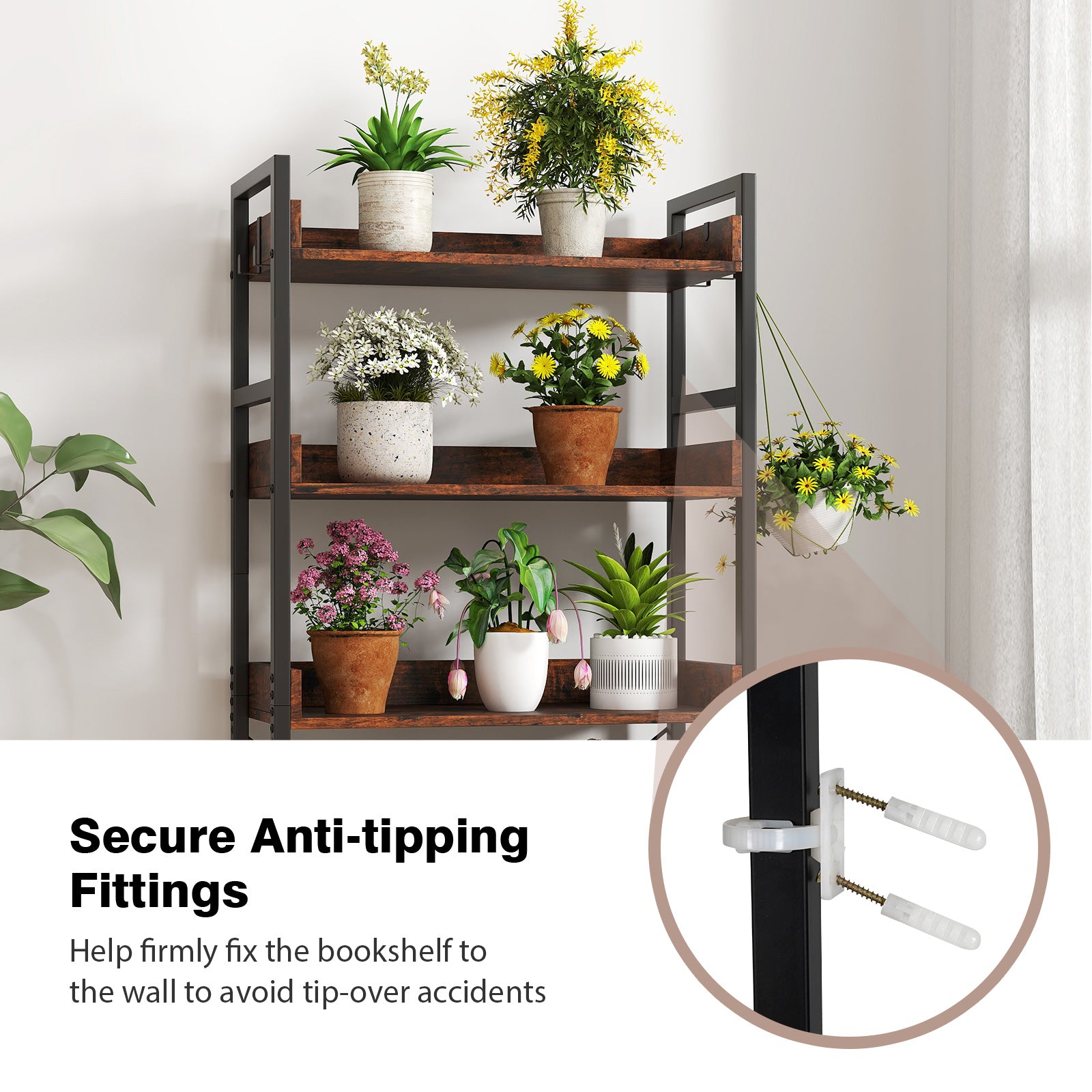 5-Tier Bookshelf with 4 Hooks Industrial Storage Bookcase, Rustic Brown Bookcases at Gallery Canada