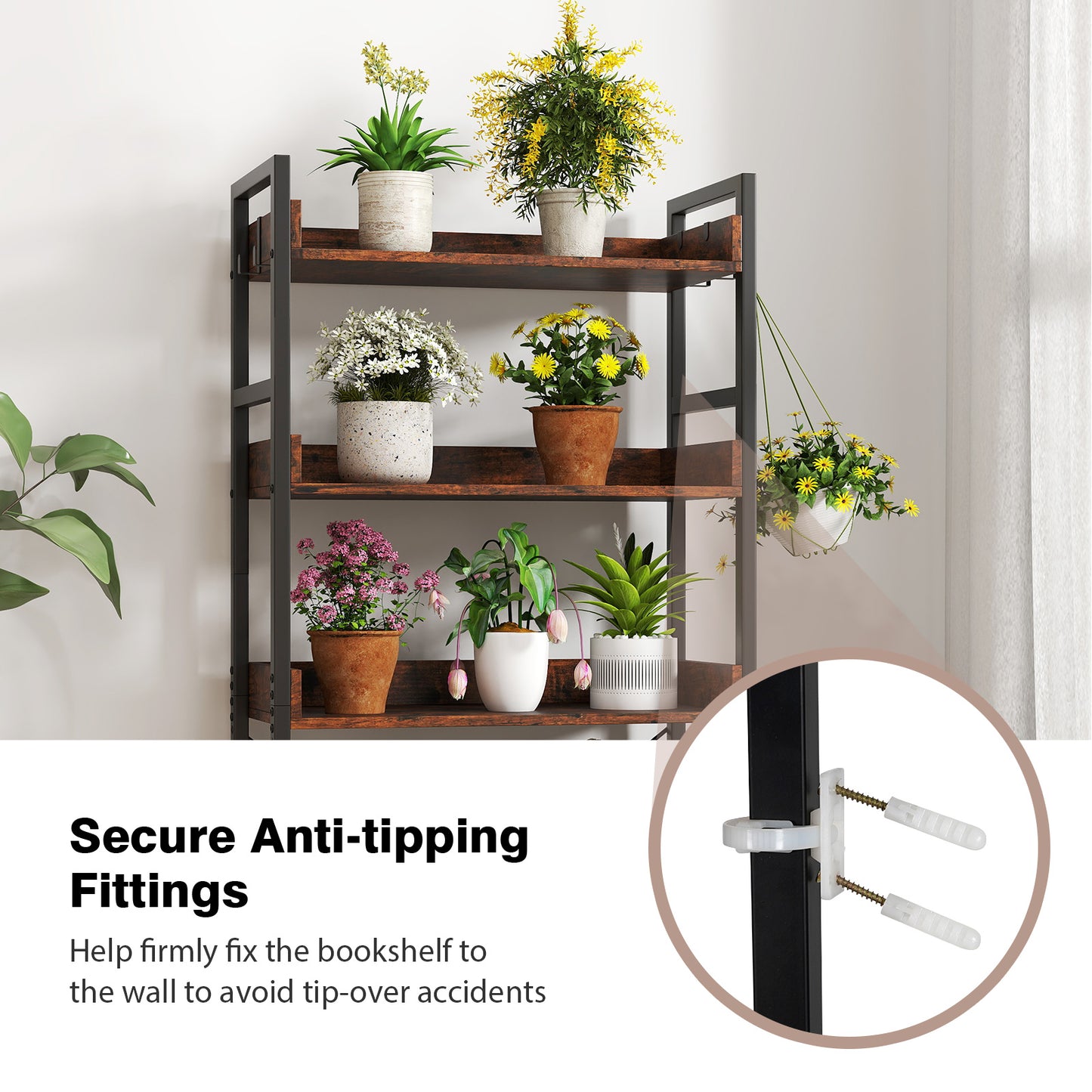 5-Tier Bookshelf with 4 Hooks Industrial Storage Bookcase, Rustic Brown Bookcases at Gallery Canada