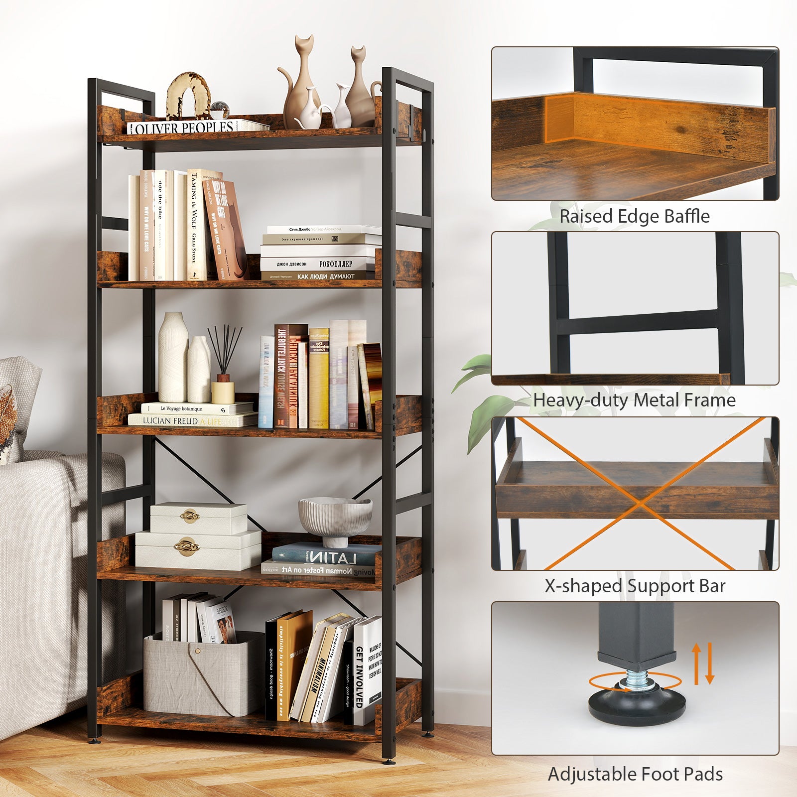 5-Tier Bookshelf with 4 Hooks Industrial Storage Bookcase, Rustic Brown Bookcases at Gallery Canada