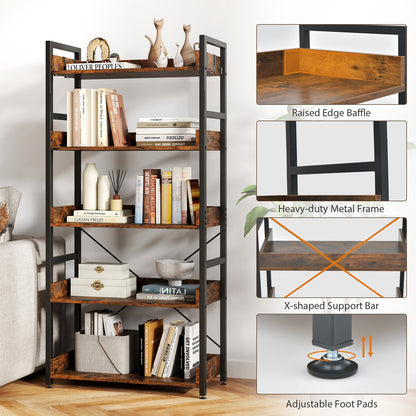 5-Tier Bookshelf with 4 Hooks Industrial Storage Bookcase, Rustic Brown Bookcases at Gallery Canada