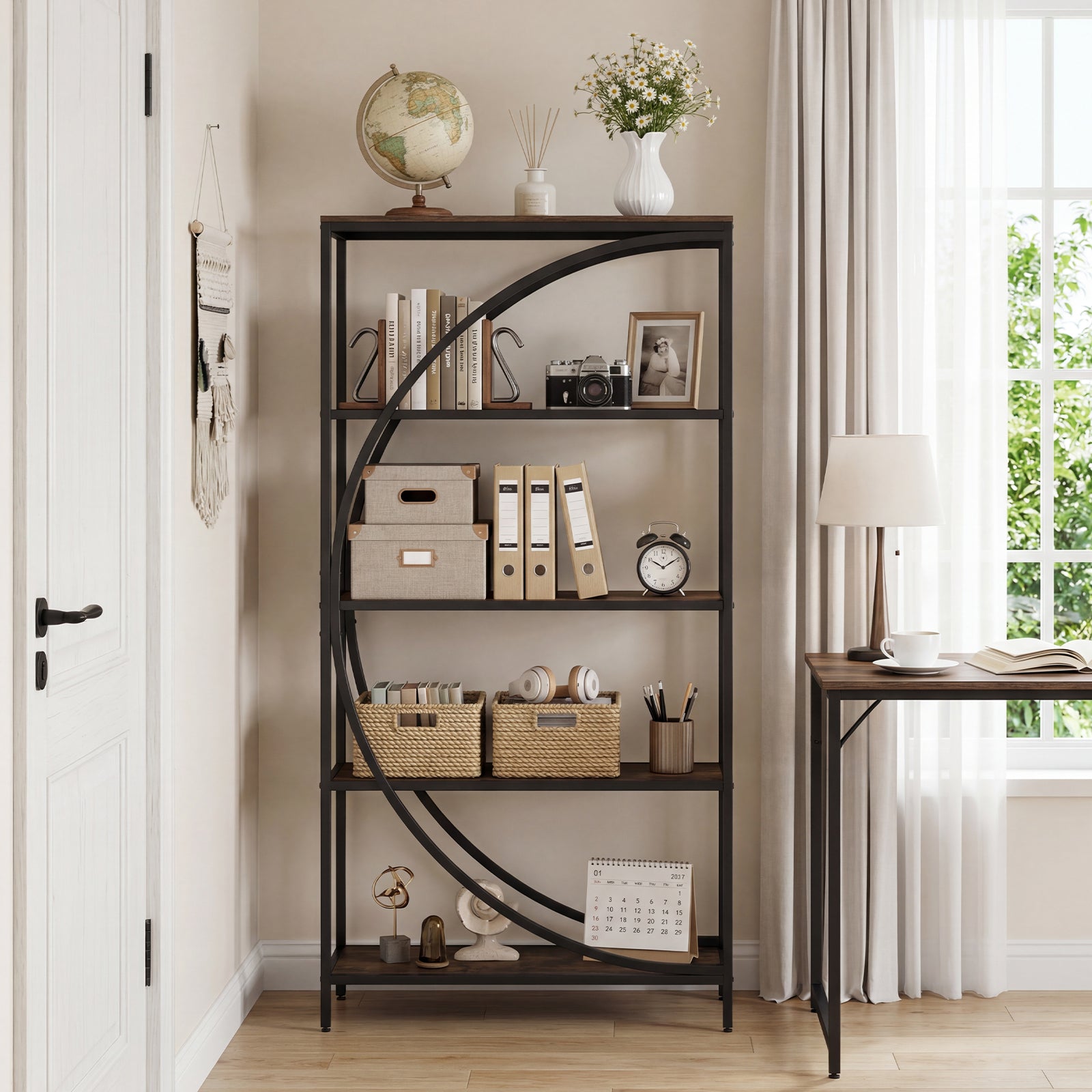 5-Tier Half-Moon Bookshelf, Living Room, Home Office, Rustic Brown Bookcases at Gallery Canada