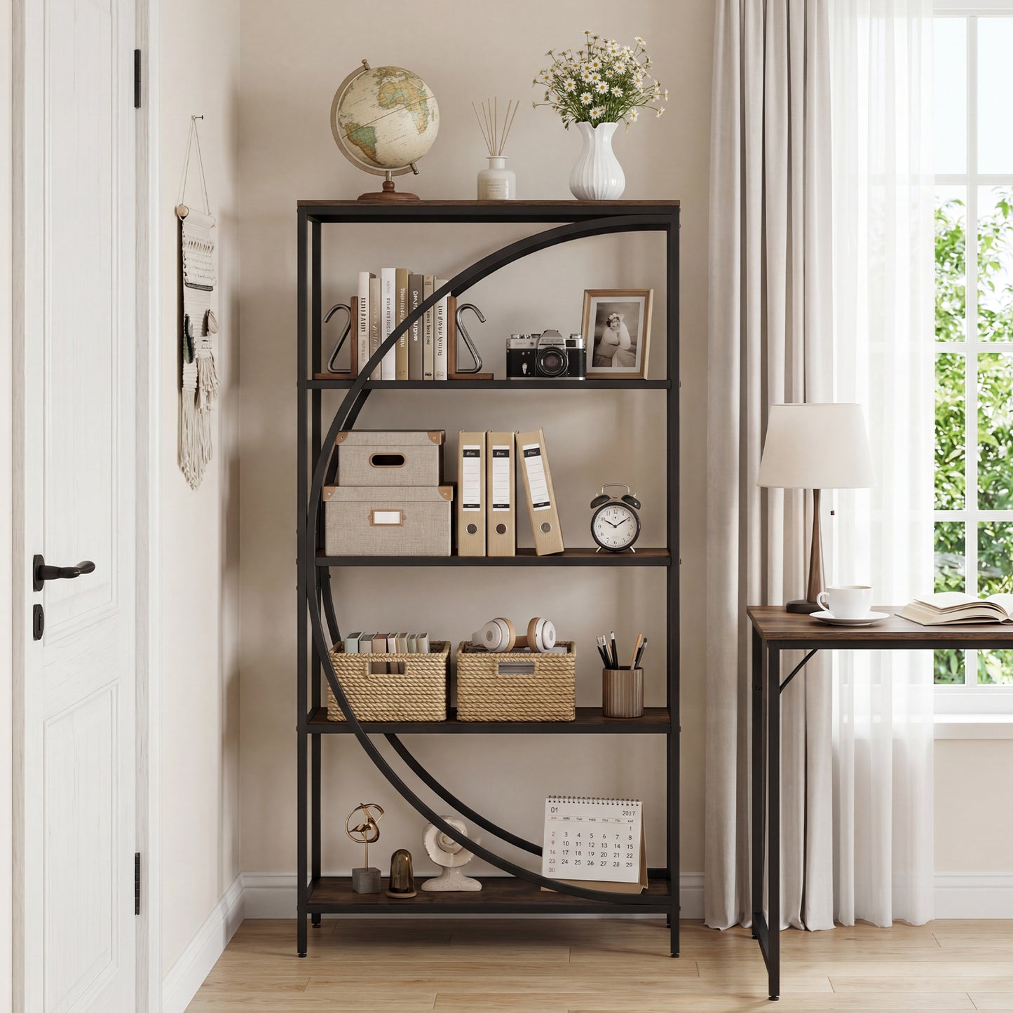 5-Tier Half-Moon Bookshelf, Living Room, Home Office, Rustic Brown Bookcases at Gallery Canada