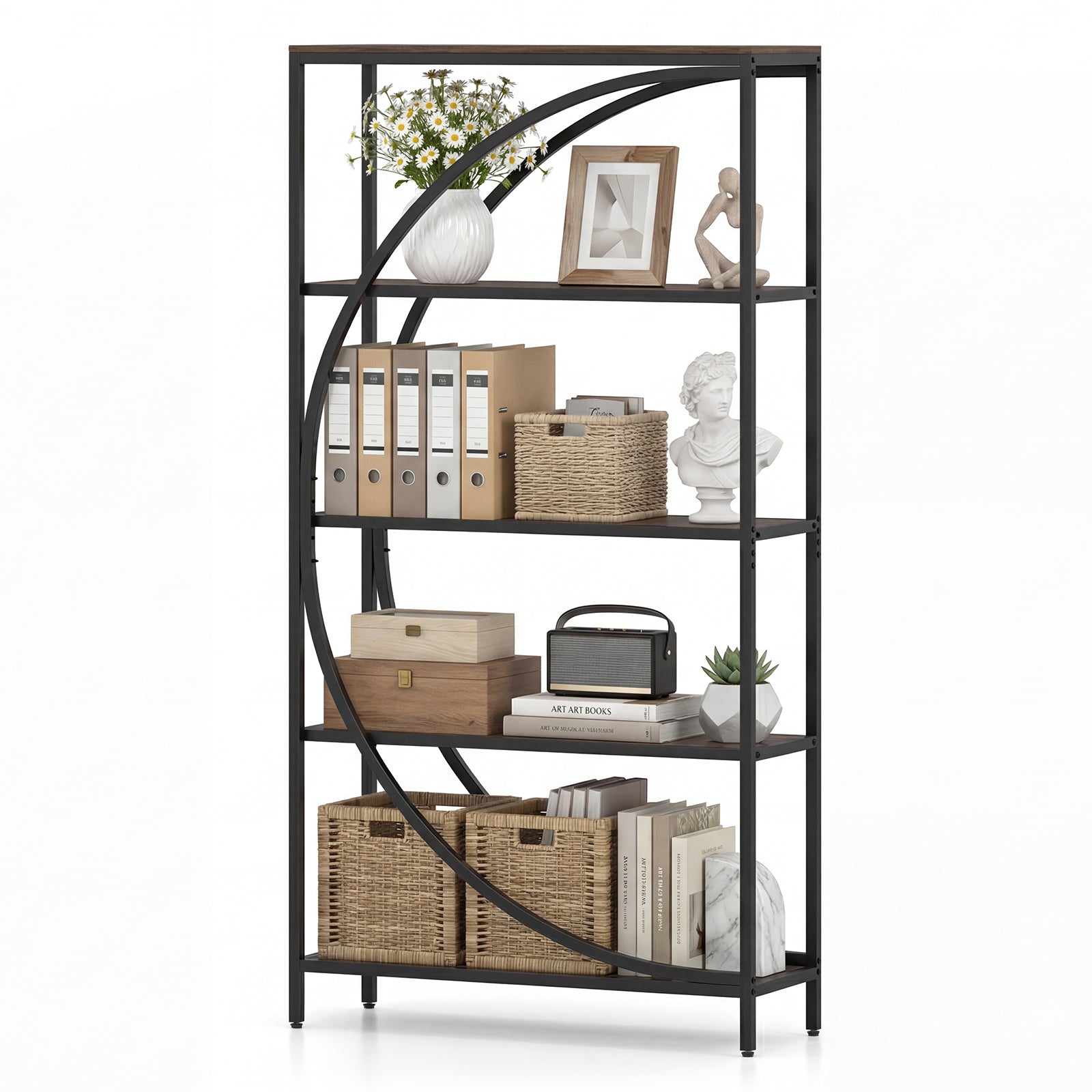 5-Tier Half-Moon Bookshelf, Living Room, Home Office, Rustic Brown Bookcases at Gallery Canada