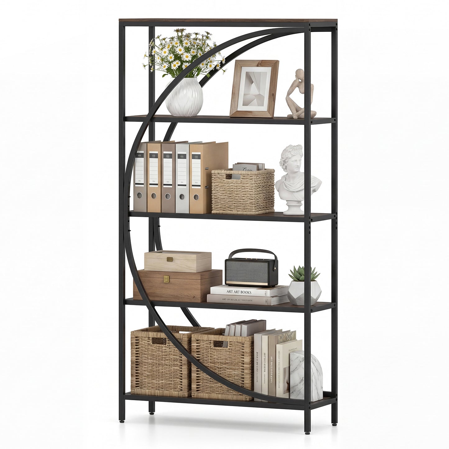 5-Tier Half-Moon Bookshelf, Living Room, Home Office, Rustic Brown Bookcases at Gallery Canada