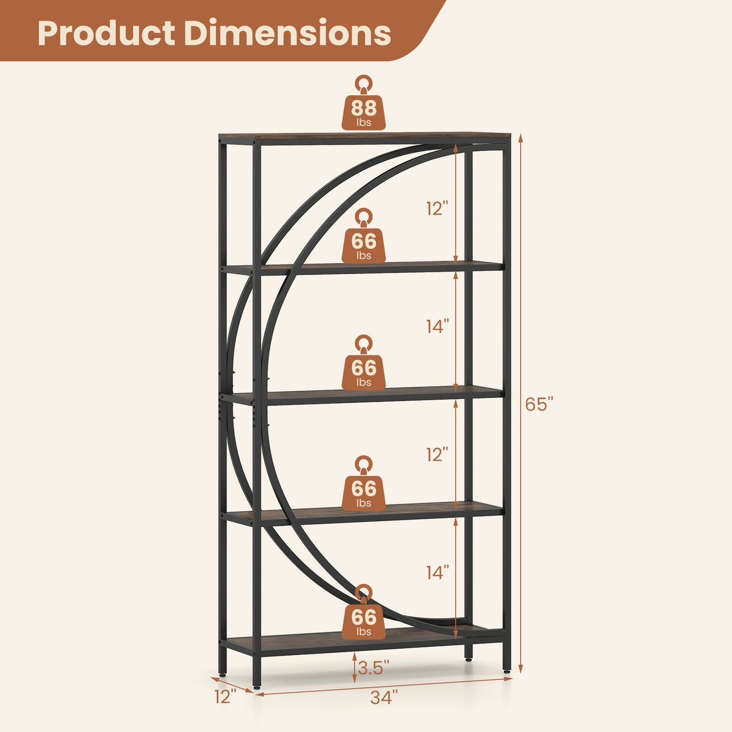 5-Tier Half-Moon Bookshelf, Living Room, Home Office, Rustic Brown Bookcases at Gallery Canada