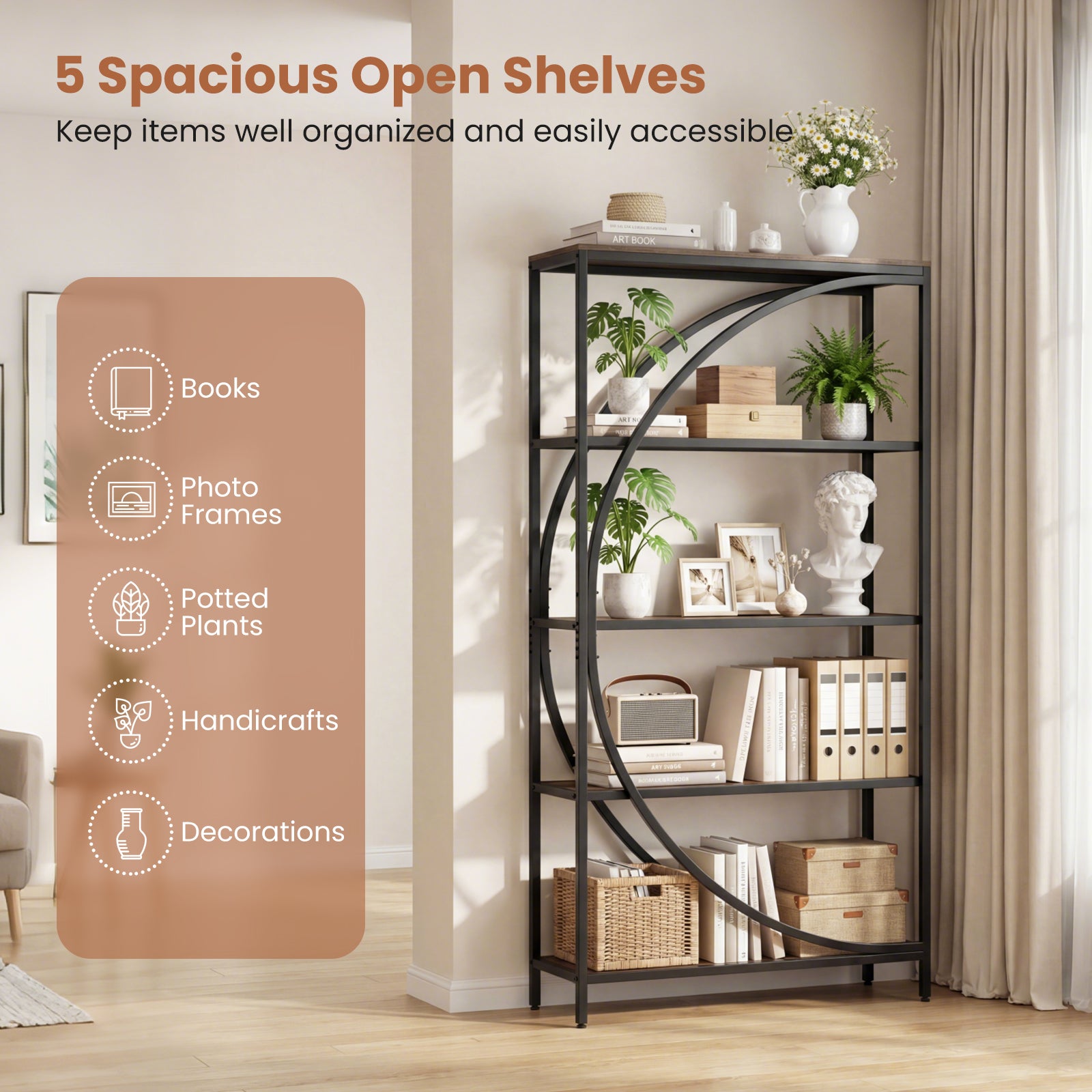 5-Tier Half-Moon Bookshelf, Living Room, Home Office, Rustic Brown Bookcases at Gallery Canada