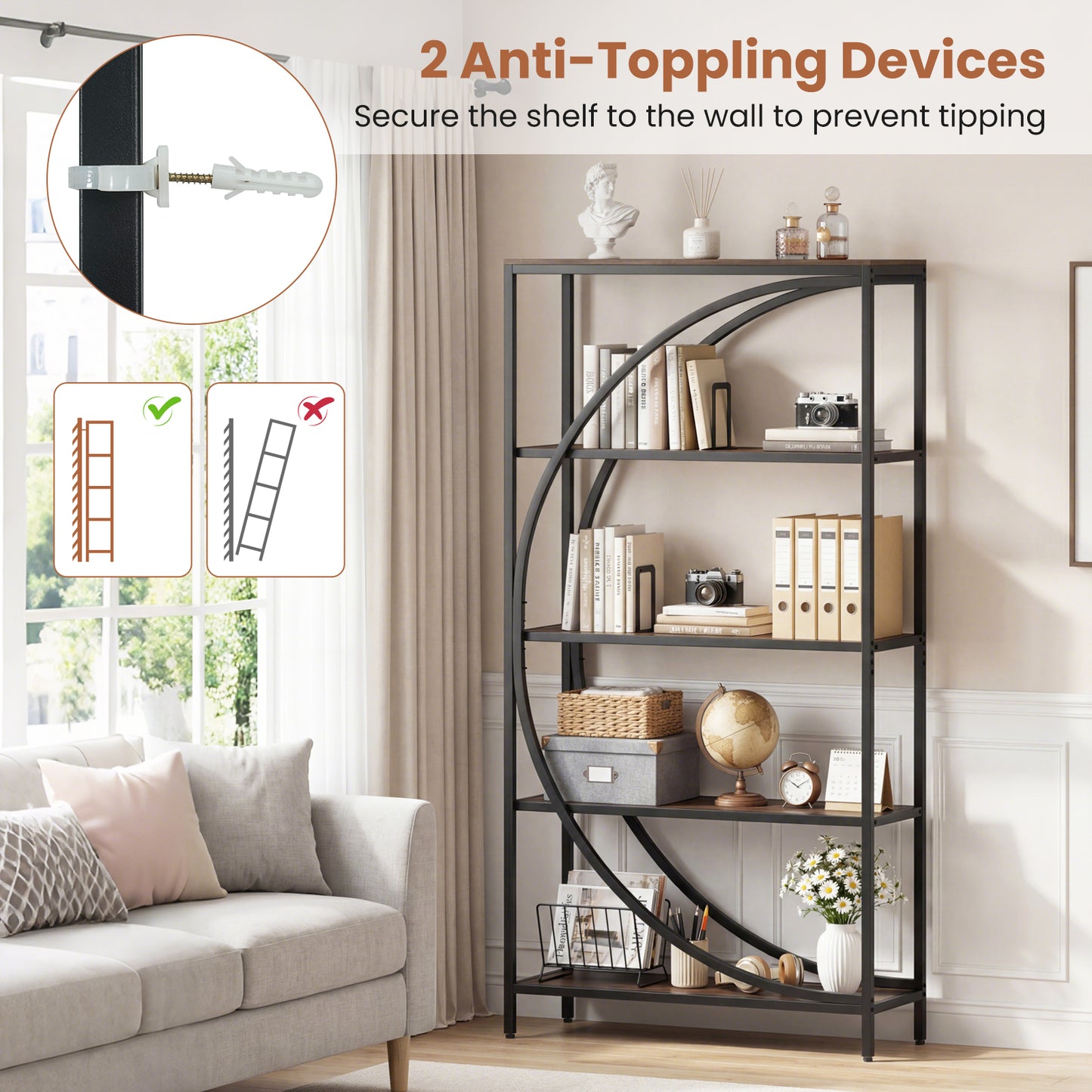 5-Tier Half-Moon Bookshelf, Living Room, Home Office, Rustic Brown Bookcases at Gallery Canada