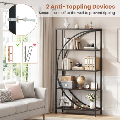 5-Tier Half-Moon Bookshelf, Living Room, Home Office, Rustic Brown Bookcases at Gallery Canada