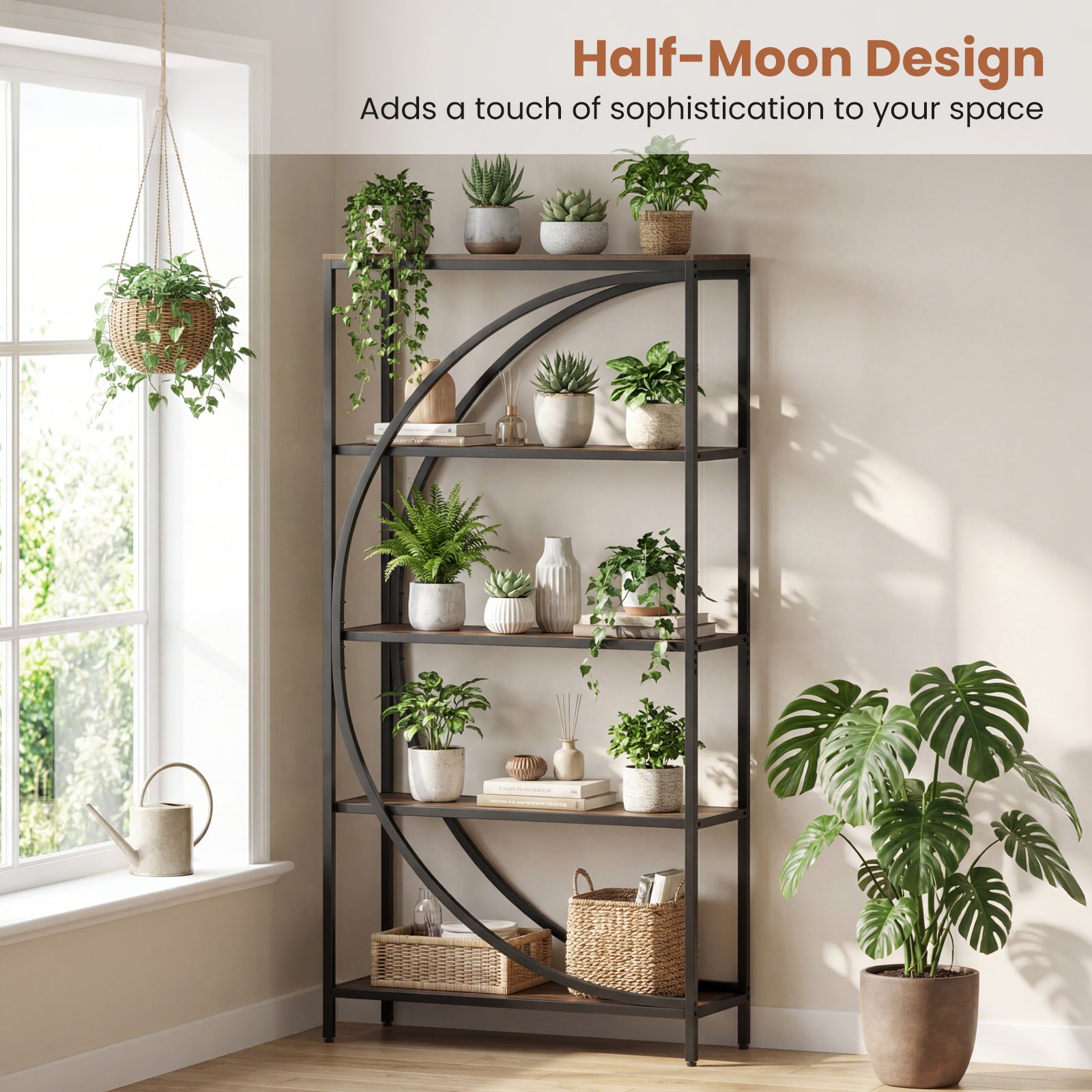 5-Tier Half-Moon Bookshelf, Living Room, Home Office, Rustic Brown Bookcases at Gallery Canada