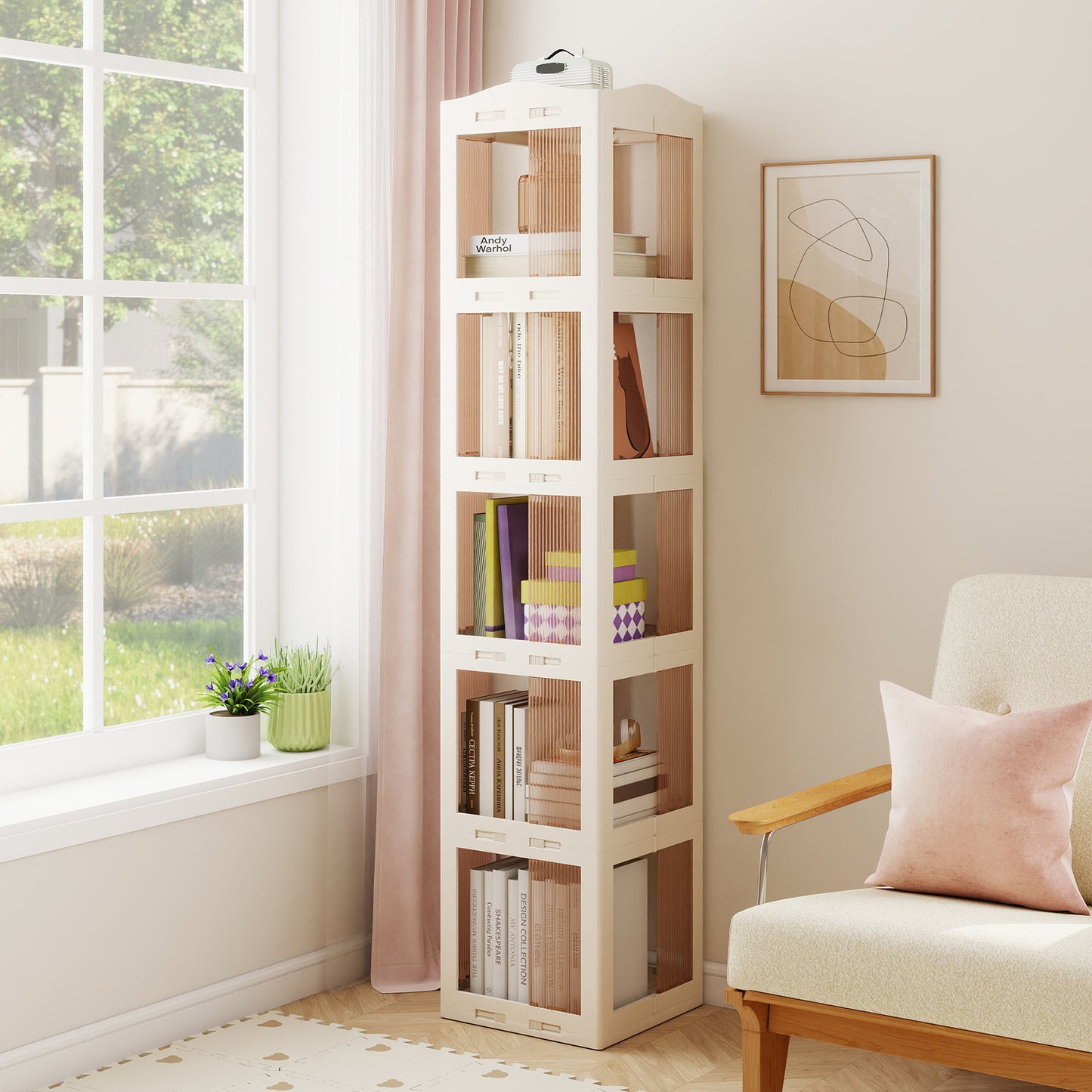 5-Tier Foldable Rotating Bookshelf 360° Spinning Bookcase with Swivel Base, White Bookcases at Gallery Canada