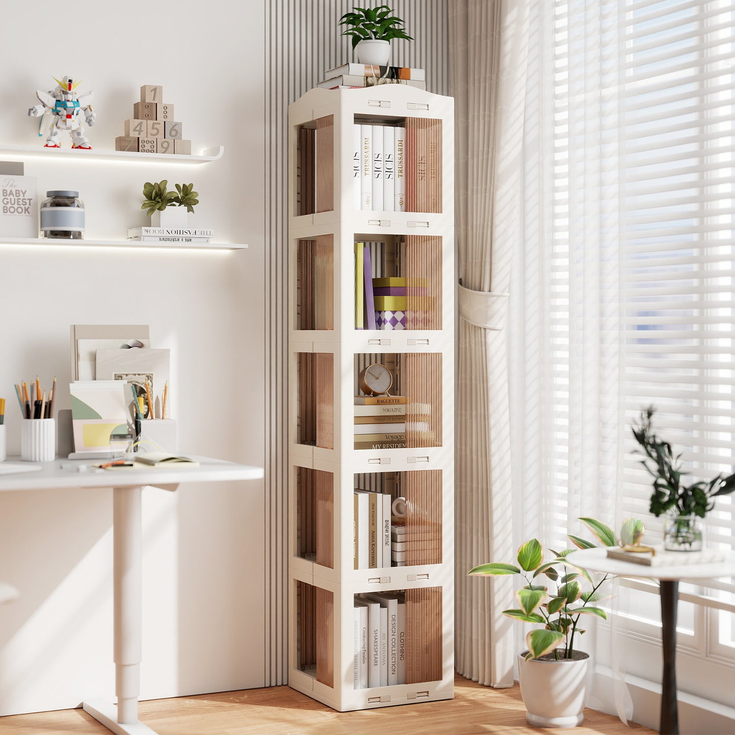 5-Tier Foldable Rotating Bookshelf 360° Spinning Bookcase with Swivel Base, White Bookcases at Gallery Canada
