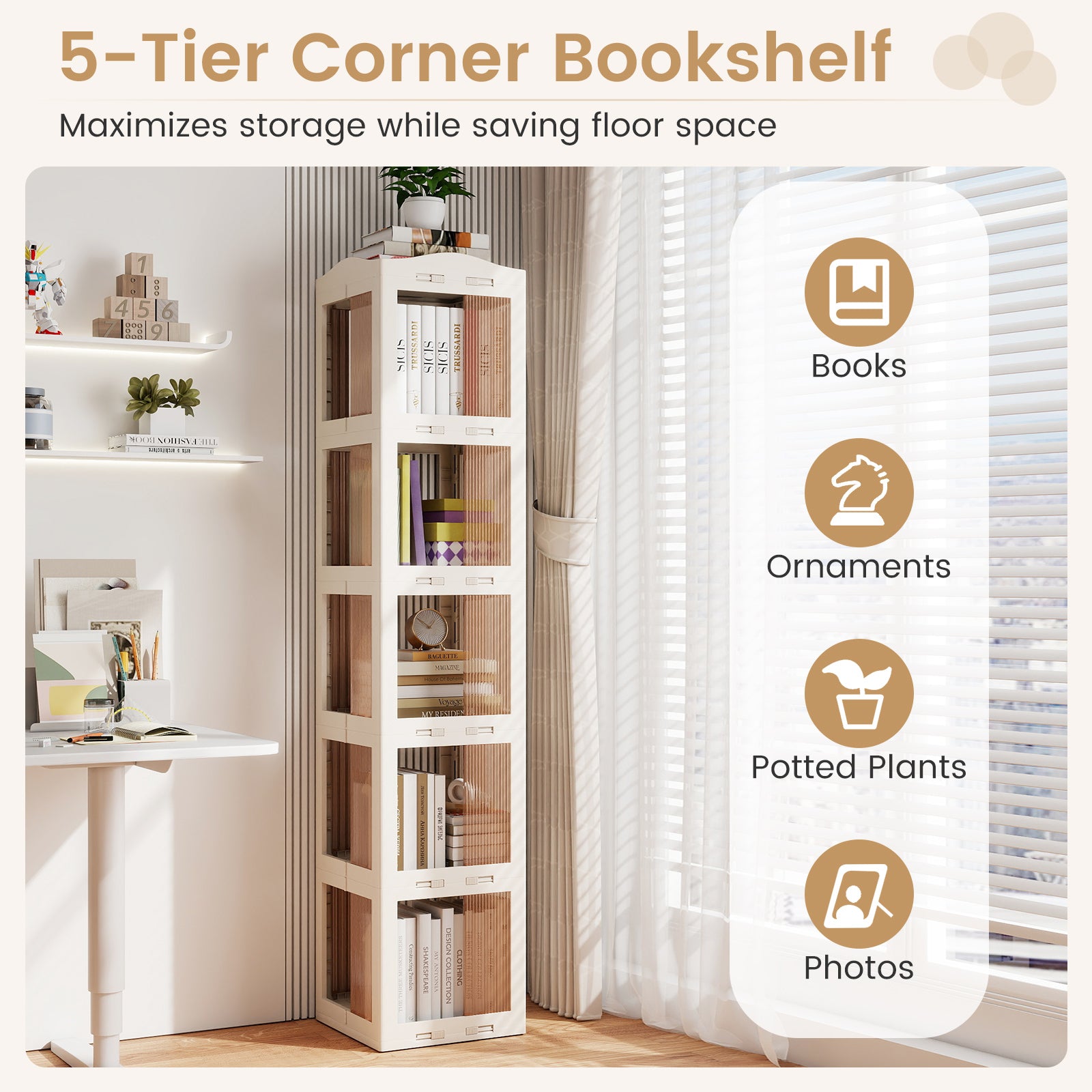 5-Tier Foldable Rotating Bookshelf 360° Spinning Bookcase with Swivel Base, White Bookcases at Gallery Canada