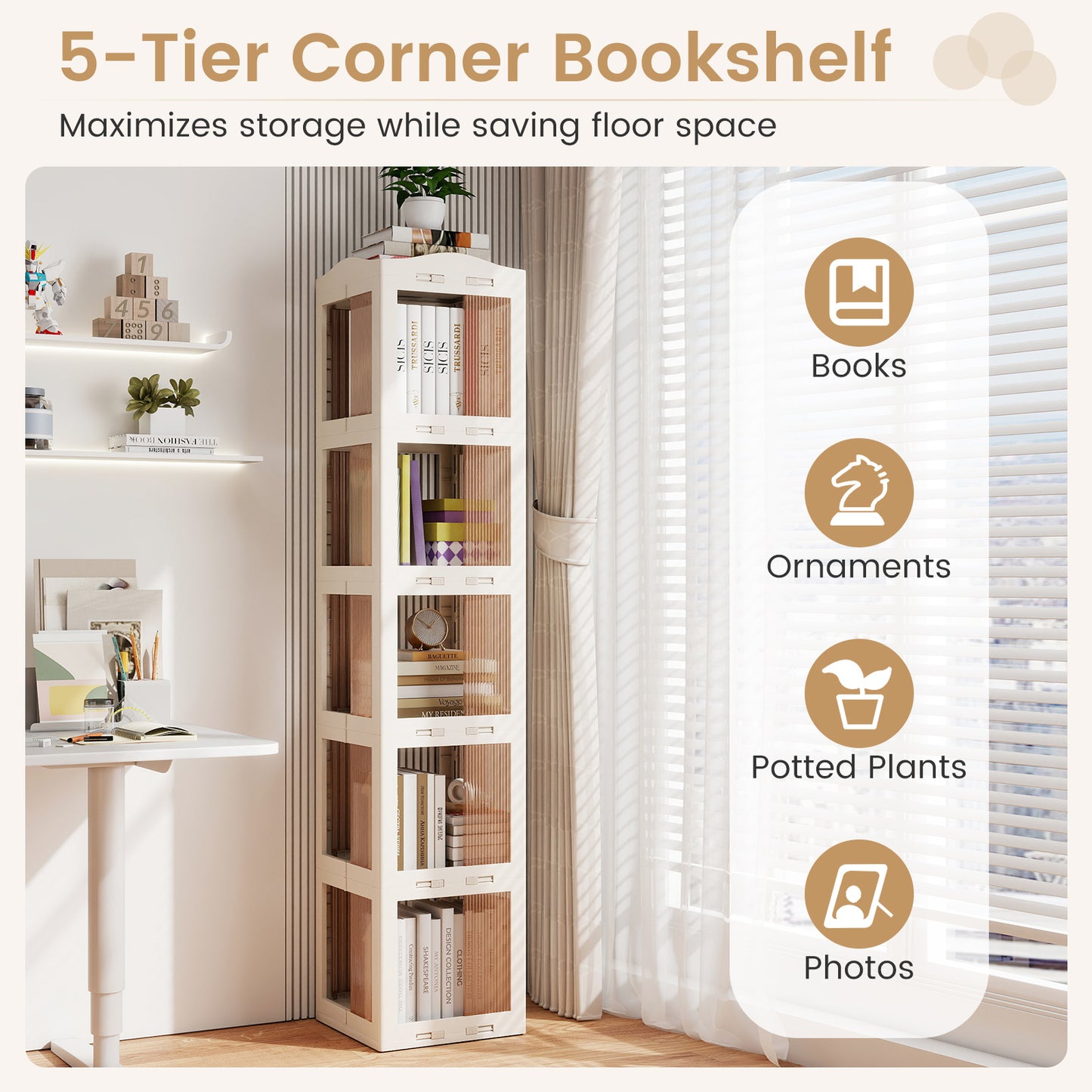 5-Tier Foldable Rotating Bookshelf 360° Spinning Bookcase with Swivel Base, White Bookcases at Gallery Canada
