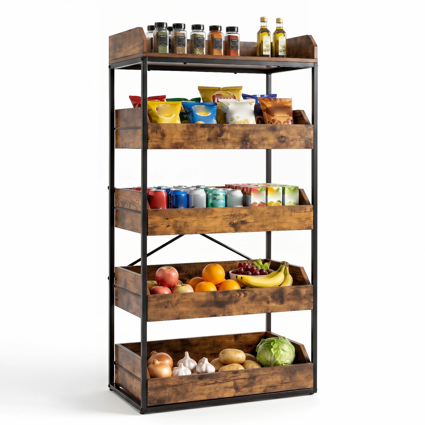 5-Tier Food Storage Rack with 4 Pull-out Drawers and Adjustable Feet, Rustic Brown