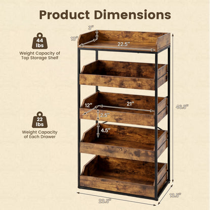 5-Tier Food Storage Rack with 4 Pull-out Drawers and Adjustable Feet, Rustic Brown
