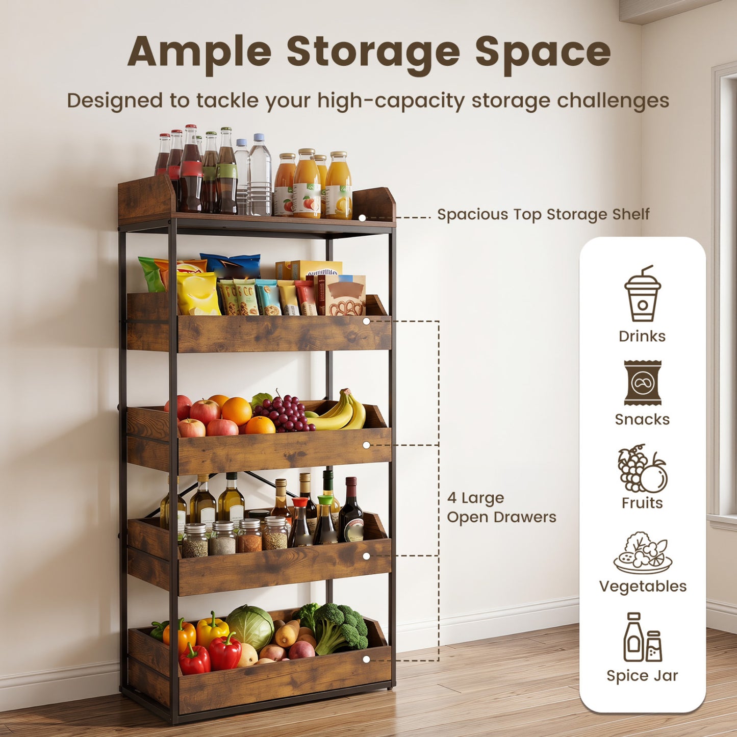 5-Tier Food Storage Rack with 4 Pull-out Drawers and Adjustable Feet, Rustic Brown