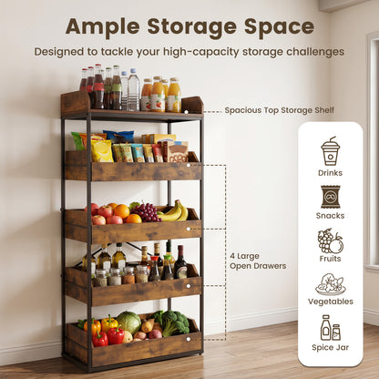 5-Tier Food Storage Rack with 4 Pull-out Drawers and Adjustable Feet, Rustic Brown