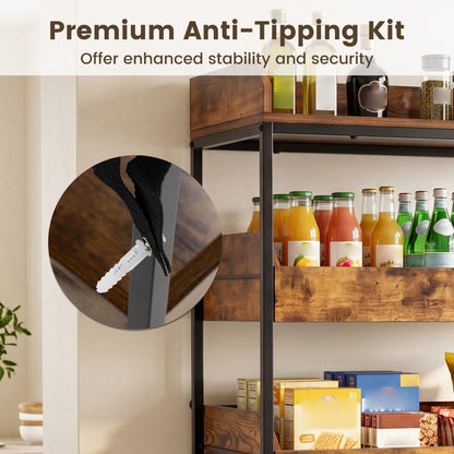 5-Tier Food Storage Rack with 4 Pull-out Drawers and Adjustable Feet, Rustic Brown