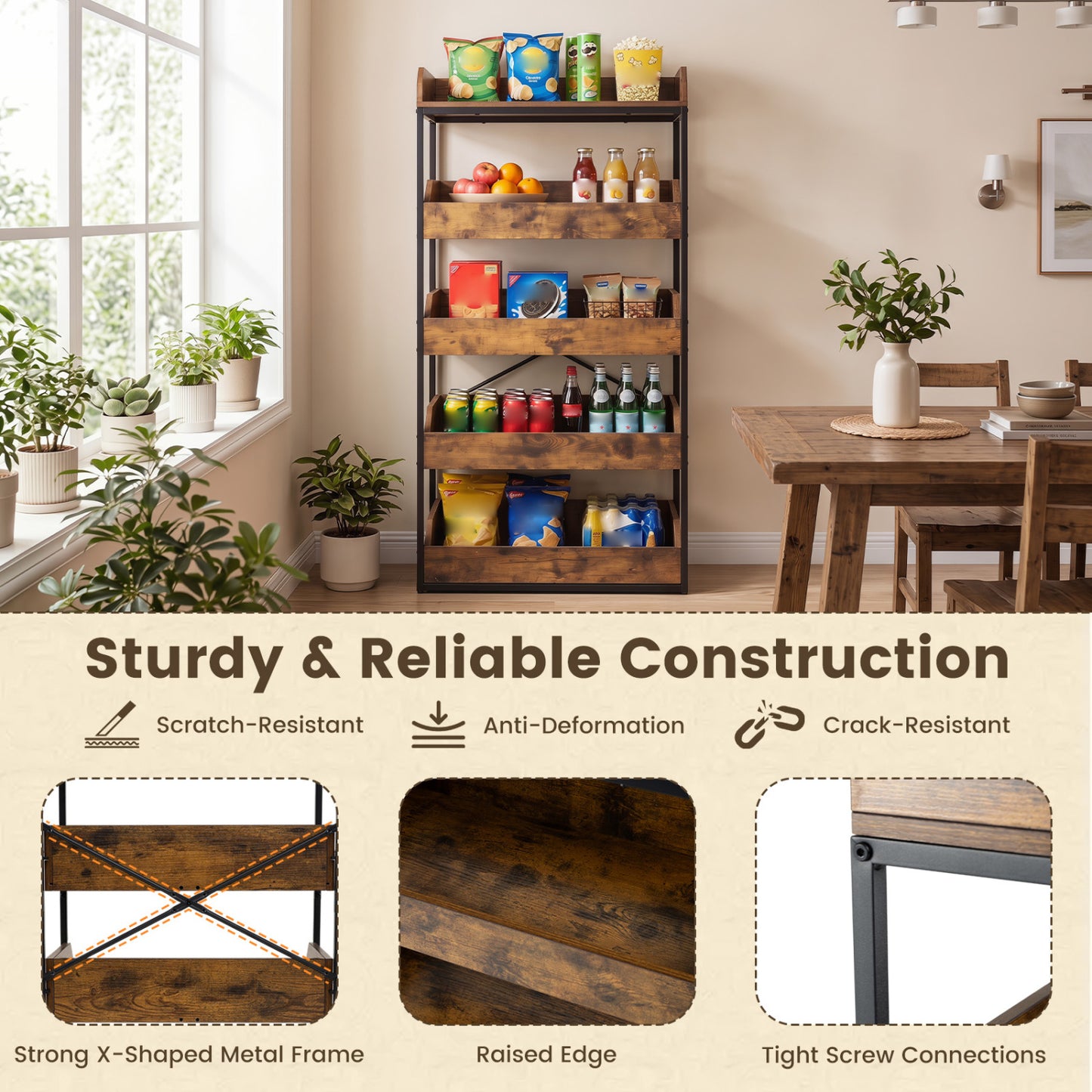 5-Tier Food Storage Rack with 4 Pull-out Drawers and Adjustable Feet, Rustic Brown