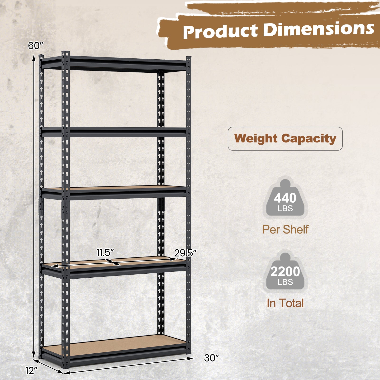 5-Tier Garage Shelving Unit, 2200 LBS Heavy Duty Metal Storage Shelves, Black Garages at Gallery Canada