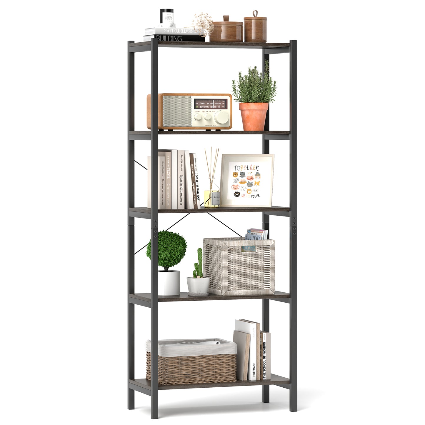 5-Tier Industrial Bookshelf Display Storage Rack with Metal Frame, Gray Bookcases at Gallery Canada