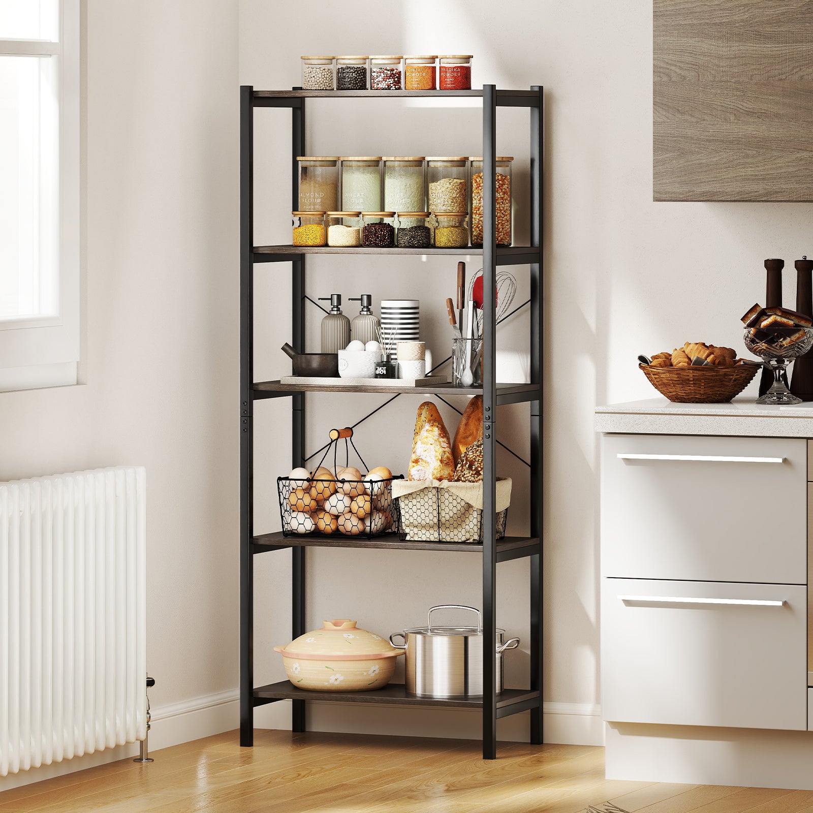 5-Tier Industrial Bookshelf Display Storage Rack with Metal Frame, Gray Bookcases at Gallery Canada