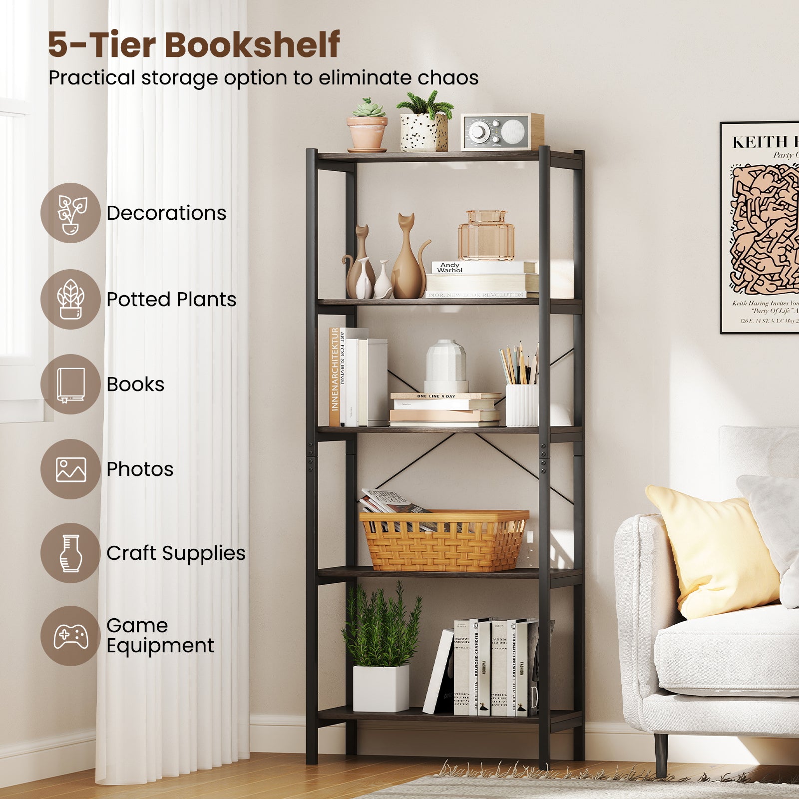 5-Tier Industrial Bookshelf Display Storage Rack with Metal Frame, Gray Bookcases at Gallery Canada