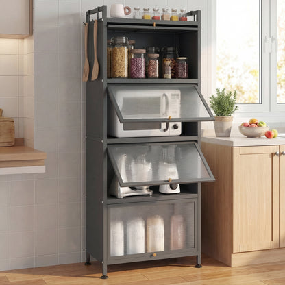 Étagère de cuisine à 5 niveaux pour boulanger, avec portes PC rabattables, grise