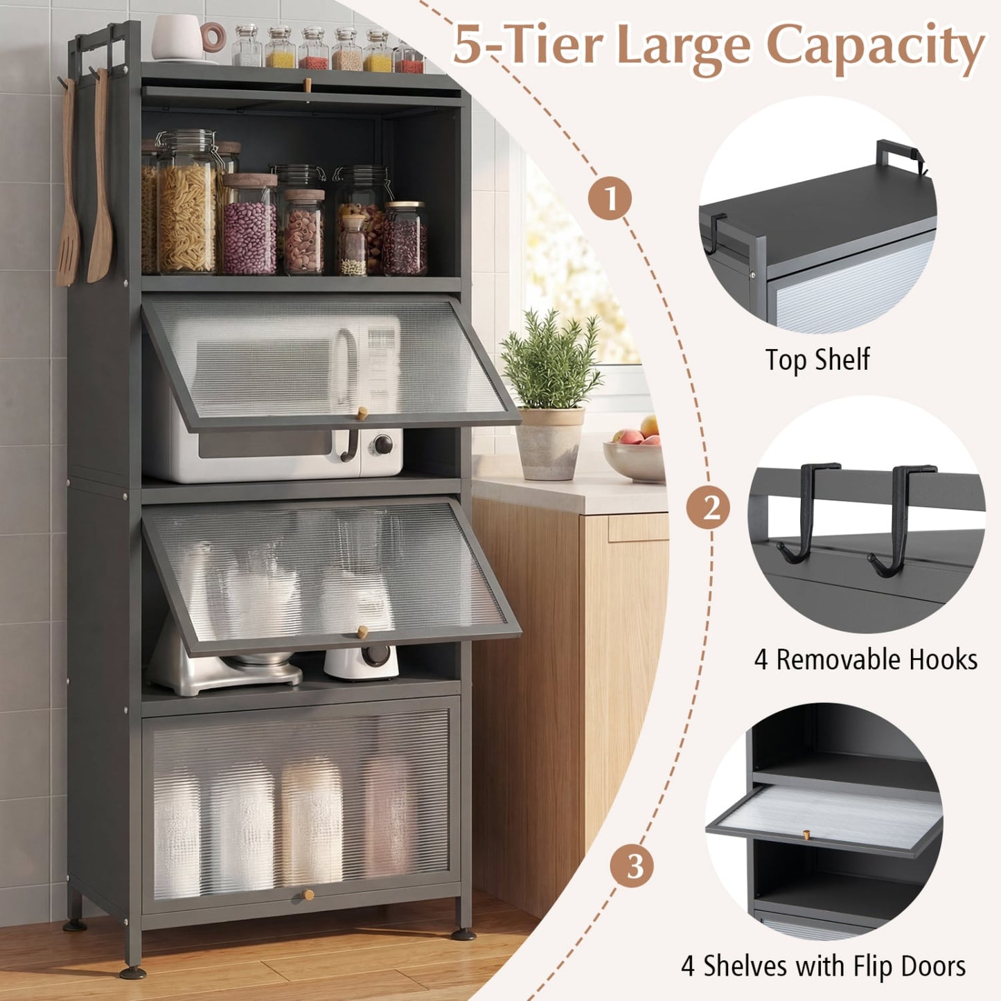 Étagère de cuisine à 5 niveaux pour boulanger, avec portes PC rabattables, grise
