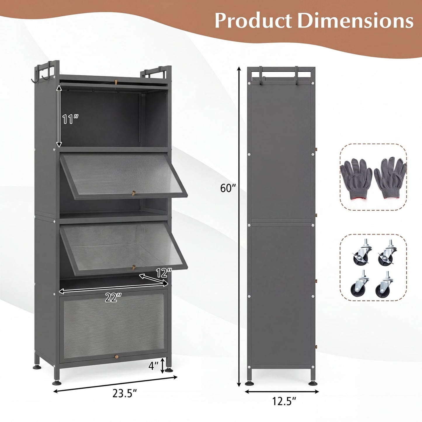 Étagère de cuisine à 5 niveaux pour boulanger, avec portes PC rabattables, grise