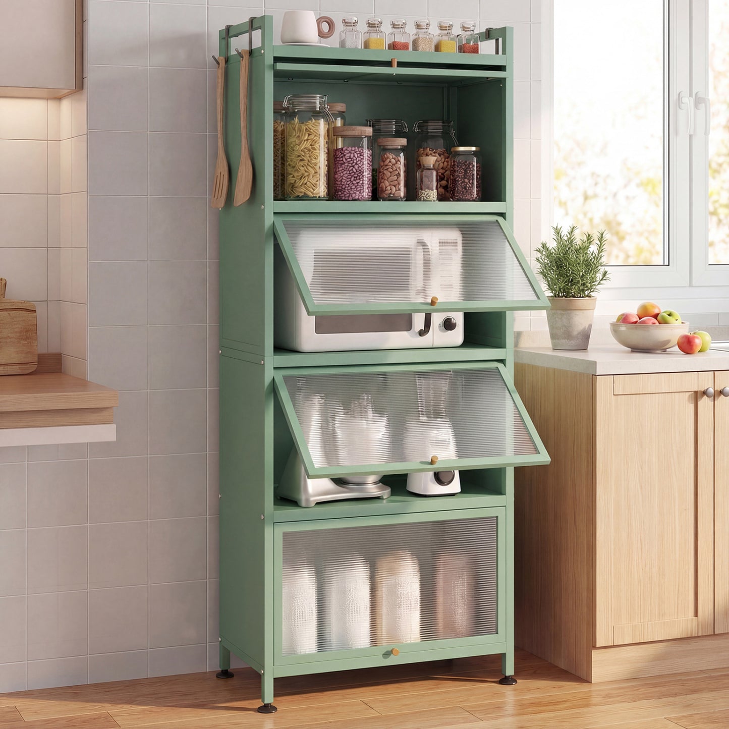 Étagère de cuisine à 5 niveaux pour boulanger, portes PC rabattables, vert