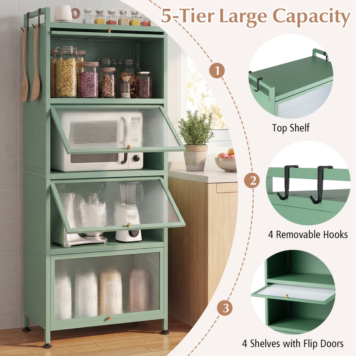 Étagère de cuisine à 5 niveaux pour boulanger, portes PC rabattables, vert
