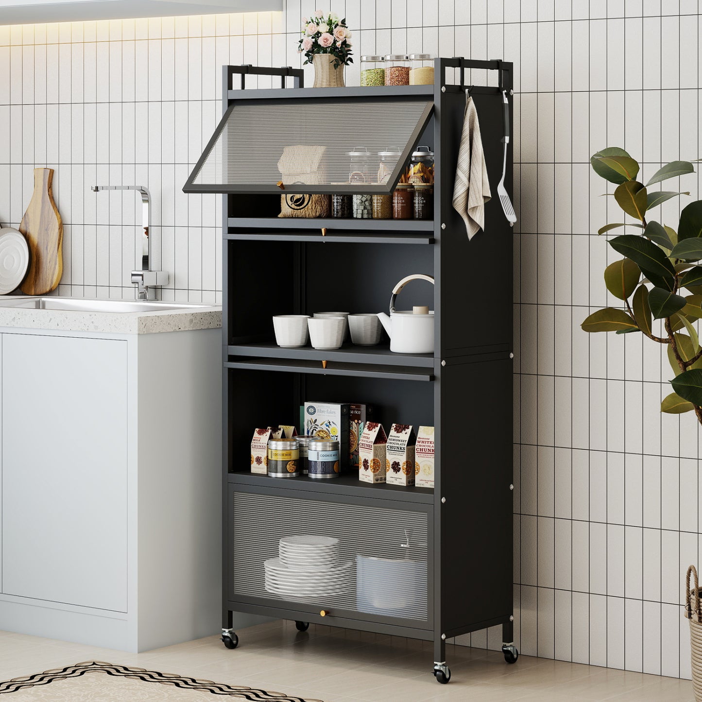 5-Tier Kitchen Cabinet, 4 Flip-Up Doors, Black