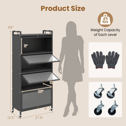 5-Tier Kitchen Cabinet, 4 Flip-Up Doors, Black