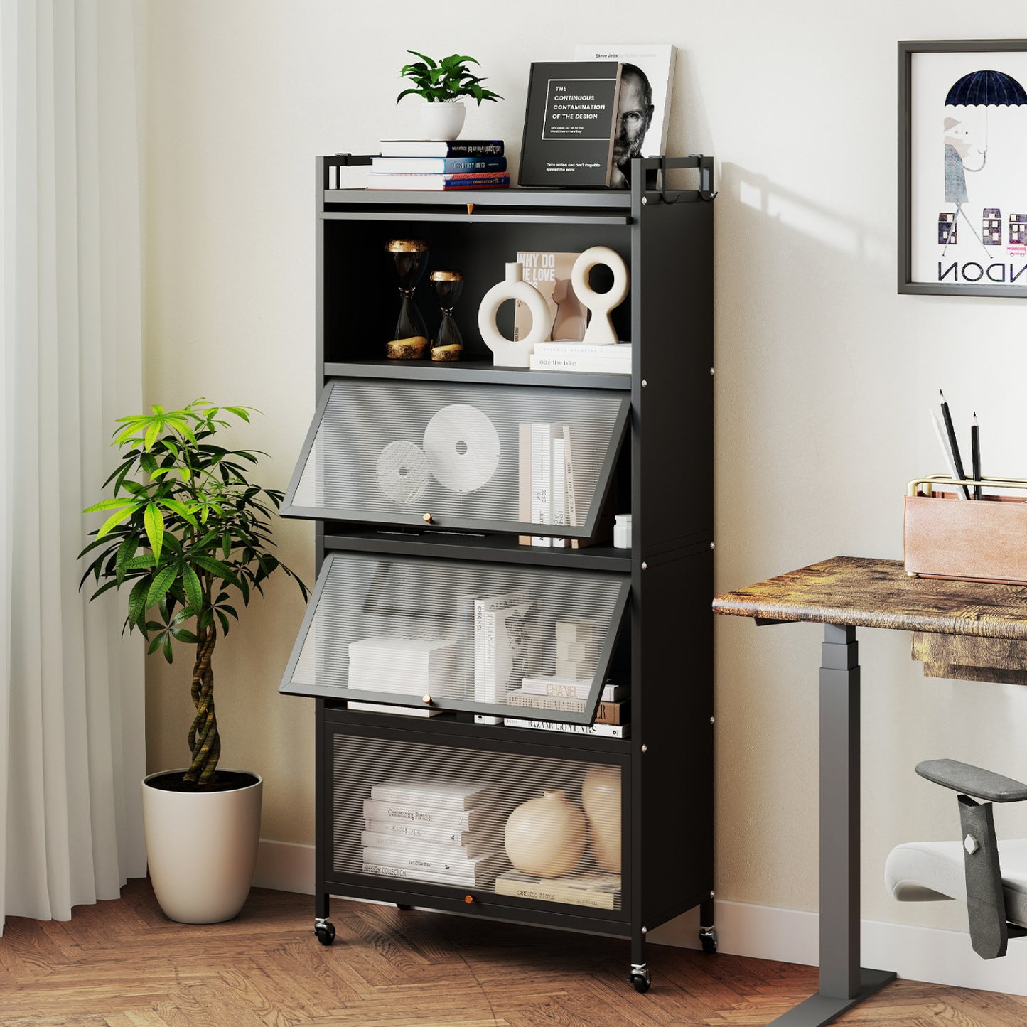 5-Tier Kitchen Cabinet, 4 Flip-Up Doors, Black